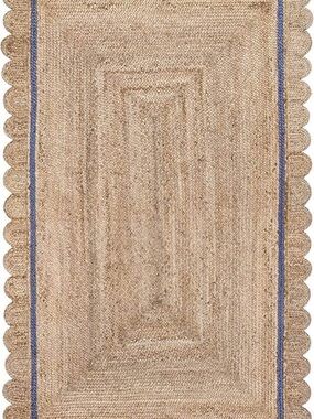 Scalloped Natural Jute Rug with Blue Trim